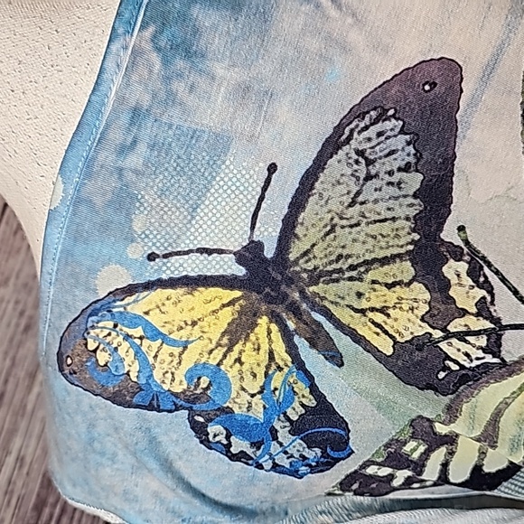 STYLE & CO BLUE YELLOW BUTTERFLY FLUTTER SLEEVE PULLOVER TOP - Picture 9 of 13